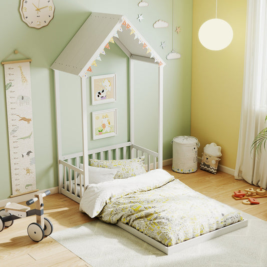Twin Size House Bed with House Shape Roof and Semi-Fence - Tampa Home & Garden Store