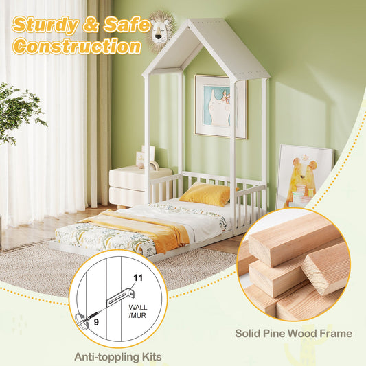 Twin Size House Bed with House Shape Roof and Semi-Fence - Tampa Home & Garden Store