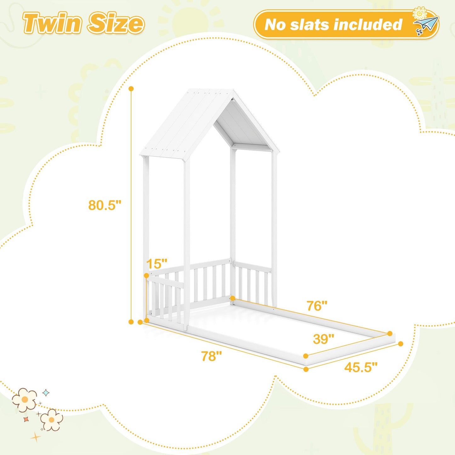 Twin Size House Bed with House Shape Roof and Semi-Fence