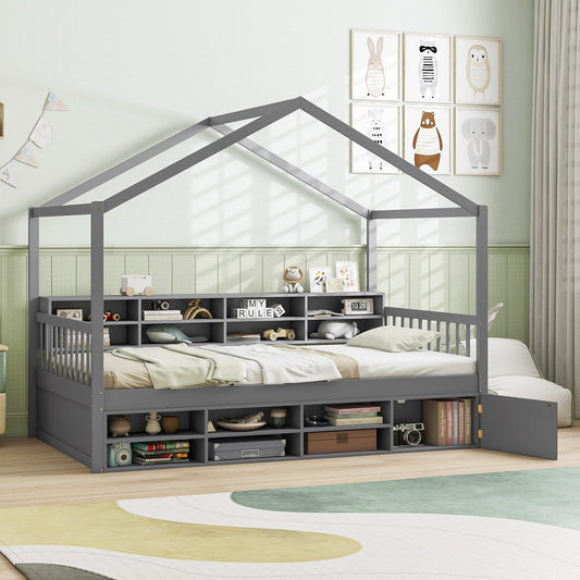 Twin Size House Bed with Roof with 14 Storage Cubes and Enclosed Cabinet-Gray - Tampa Home & Garden Store