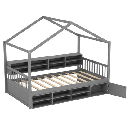 Cama Casa con Techo Tamaño Twin con 14 Cubos de Almacenamiento y Gabinete Cerrado-Gris