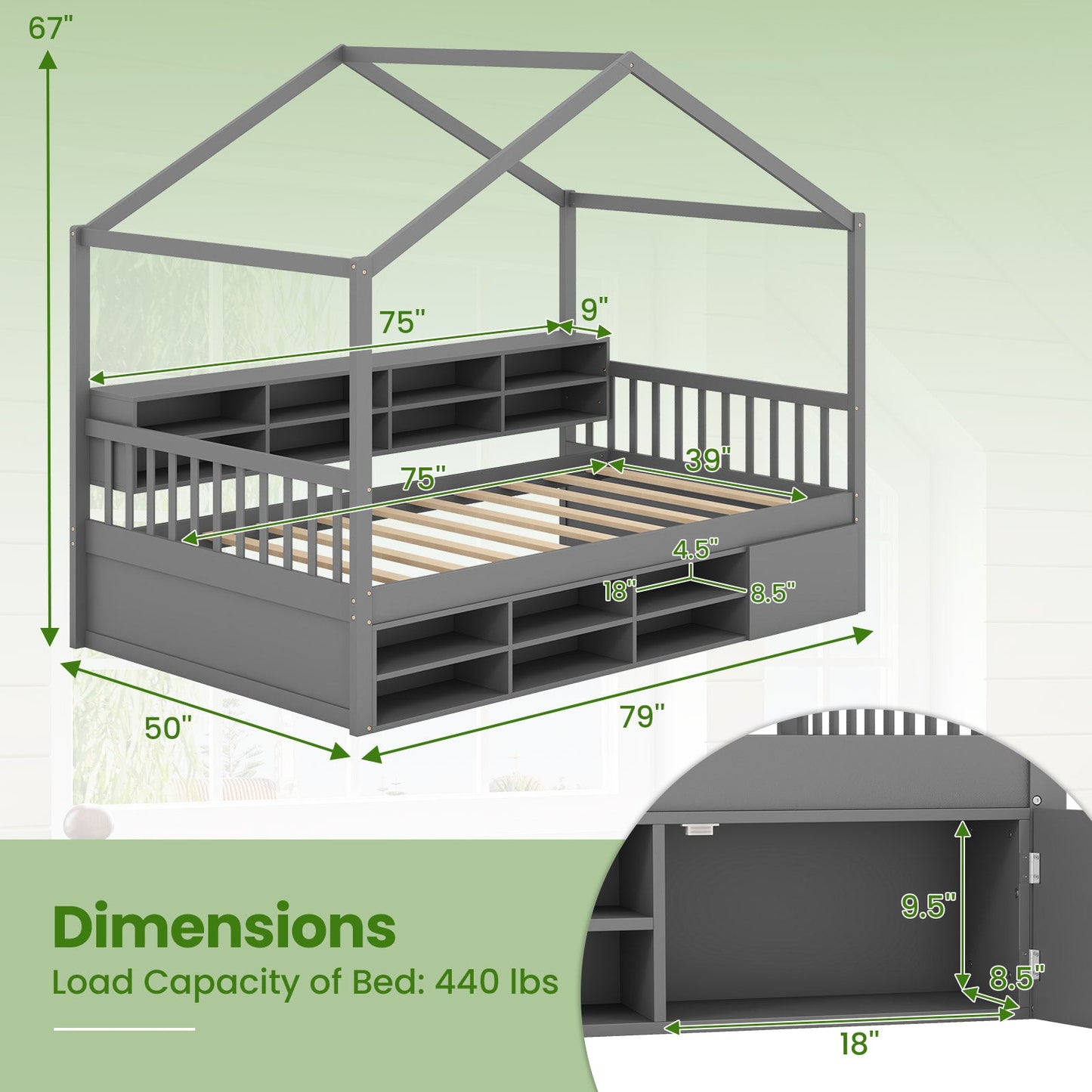 Cama Casa con Techo Tamaño Twin con 14 Cubos de Almacenamiento y Gabinete Cerrado-Gris