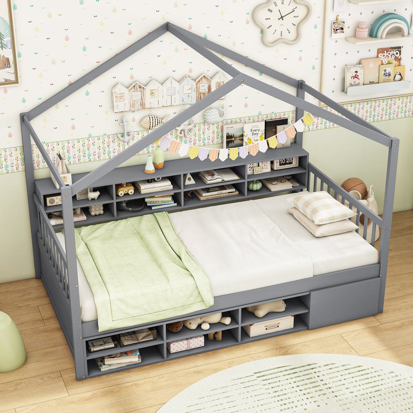 Cama Casa con Techo Tamaño Twin con 14 Cubos de Almacenamiento y Gabinete Cerrado-Gris