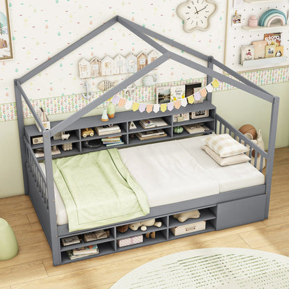 Cama Casa con Techo Tamaño Twin con 14 Cubos de Almacenamiento y Gabinete Cerrado-Gris