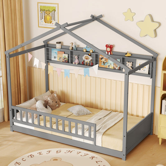 Twin Size House Bed with Storage Shelf and Headboard-Gray - Tampa Home & Garden Store