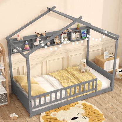 Cama con diseño de casa tamaño Twin con estante de almacenamiento y cabecero-Gris