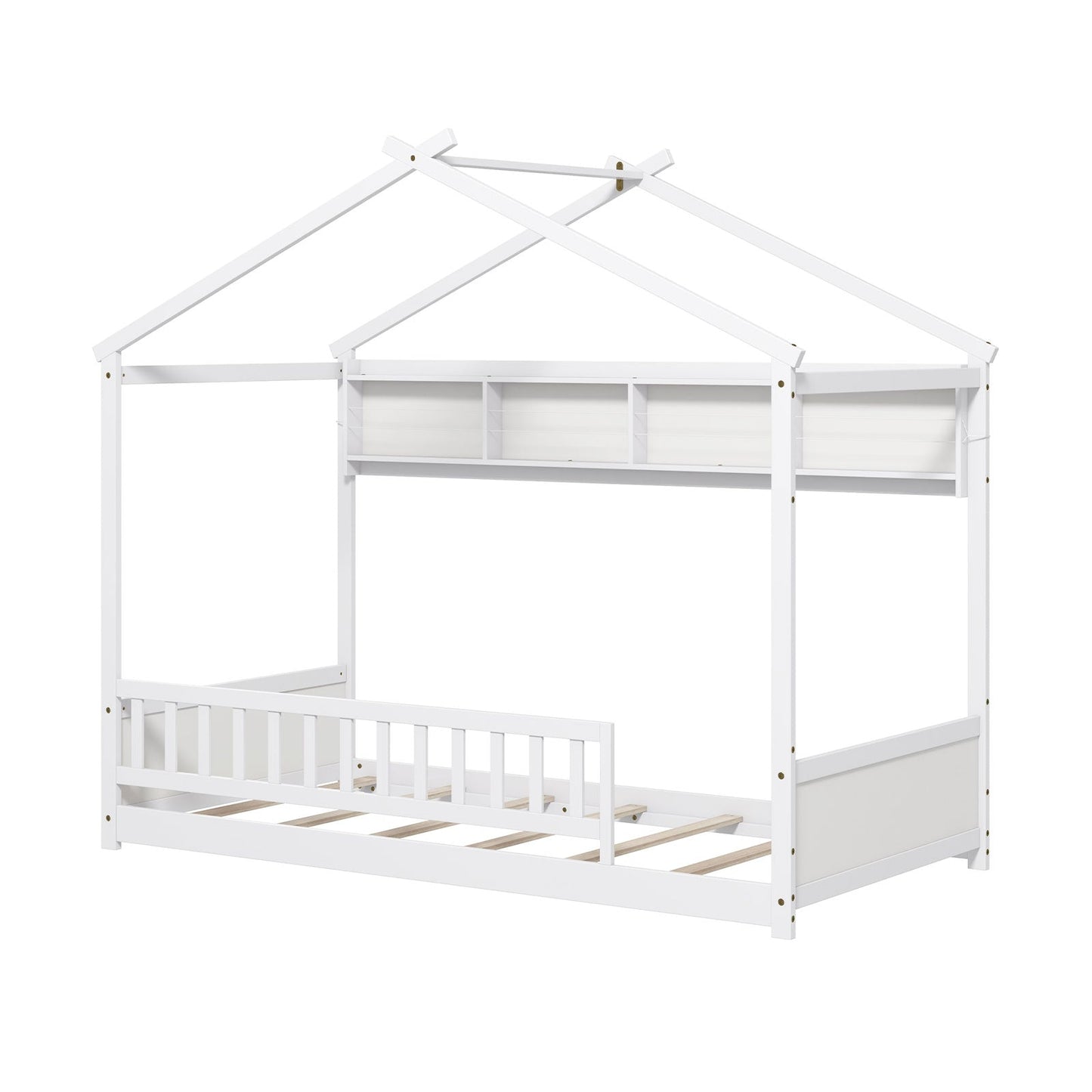 Cama con diseño de casa tamaño Twin con estante de almacenamiento y cabecero-Gris