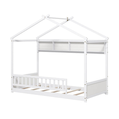 Cama con diseño de casa tamaño Twin con estante de almacenamiento y cabecero-Gris
