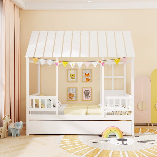 Twin Size House Bed with Trundle Kids Platform Bed with Roof Window-White - Tampa Home & Garden Store