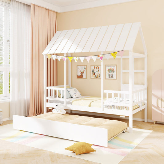 Twin Size House Bed with Trundle Kids Platform Bed with Roof Window-White - Tampa Home & Garden Store