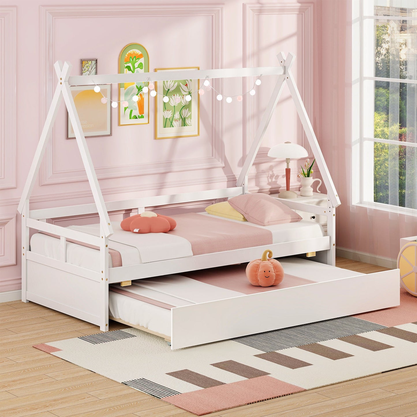 Cama Casa Individual con Nido y Barandilla de Seguridad-Blanco