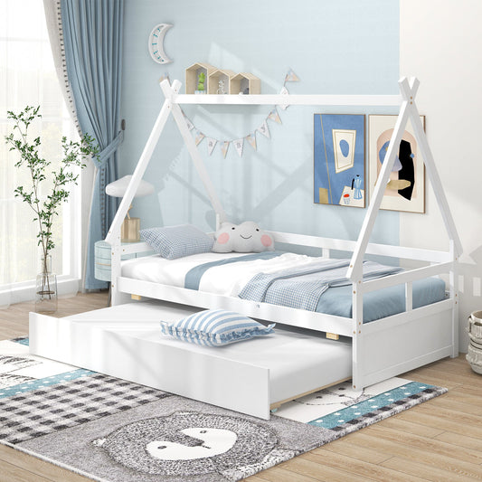 Twin Size House Bed with Trundle and Safety Guardrail-White - Tampa Home & Garden Store