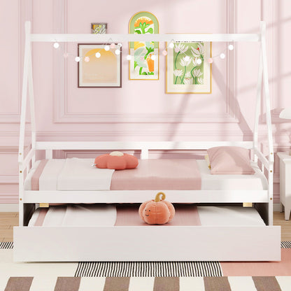 Cama Casa Individual con Nido y Barandilla de Seguridad-Blanco