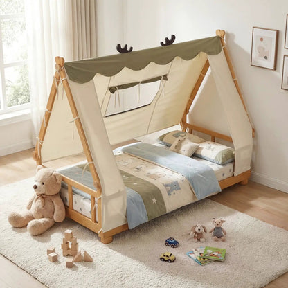 Twin Size House Floor Bed with Tent Canopy