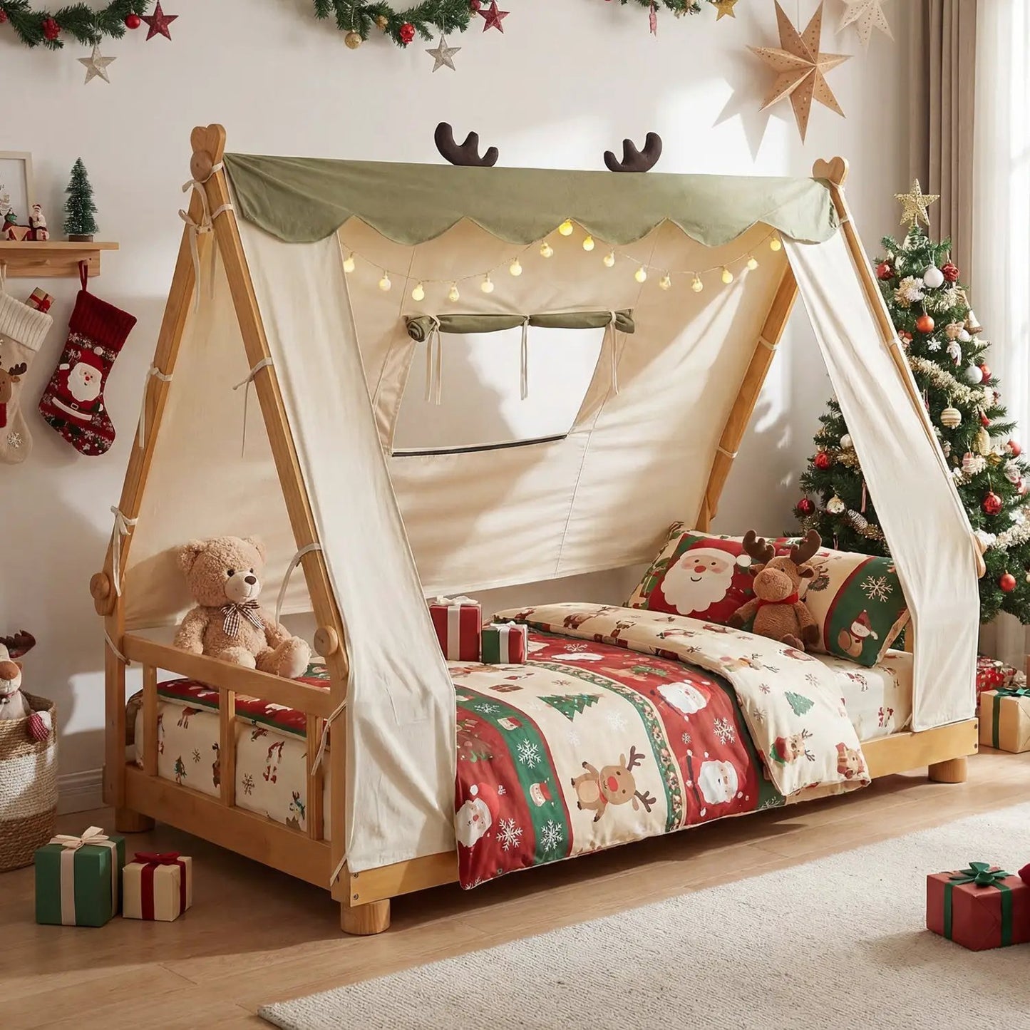 Twin Size House Floor Bed with Tent Canopy