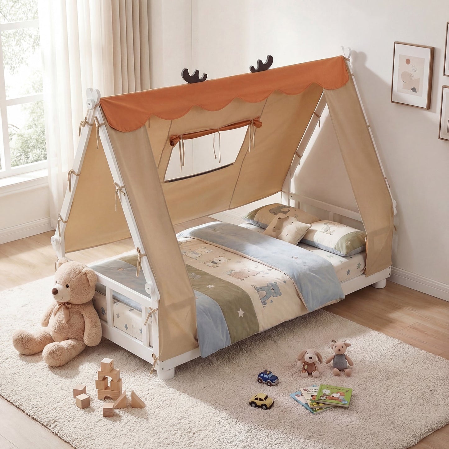 Twin Size House Floor Bed with Tent Canopy
