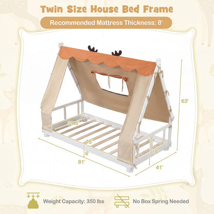 Twin Size House Floor Bed with Tent Canopy