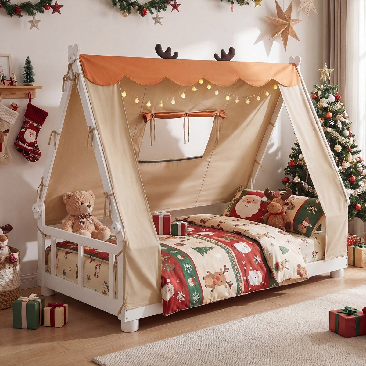 Twin Size House Floor Wood Bed with Tent GemGear beige canvas with orange scalloped canopy on Tampa Home & Garden Store