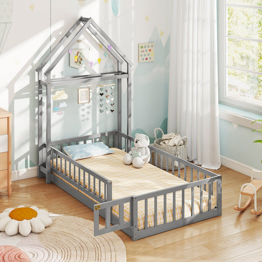 Twin Size House Floor Bed with House-shaped Headboard-Gray - Tampa Home & Garden Store