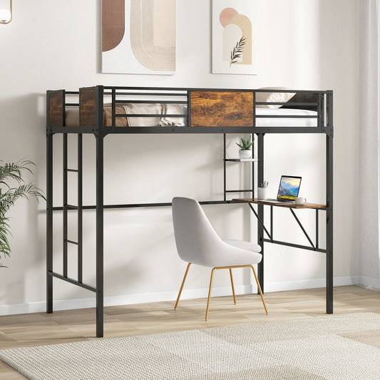 Twin Size Industrial Metal Loft Bed with Desk Storage Shelf and Build-in Ladder-Twin Size - Tampa Home & Garden Store