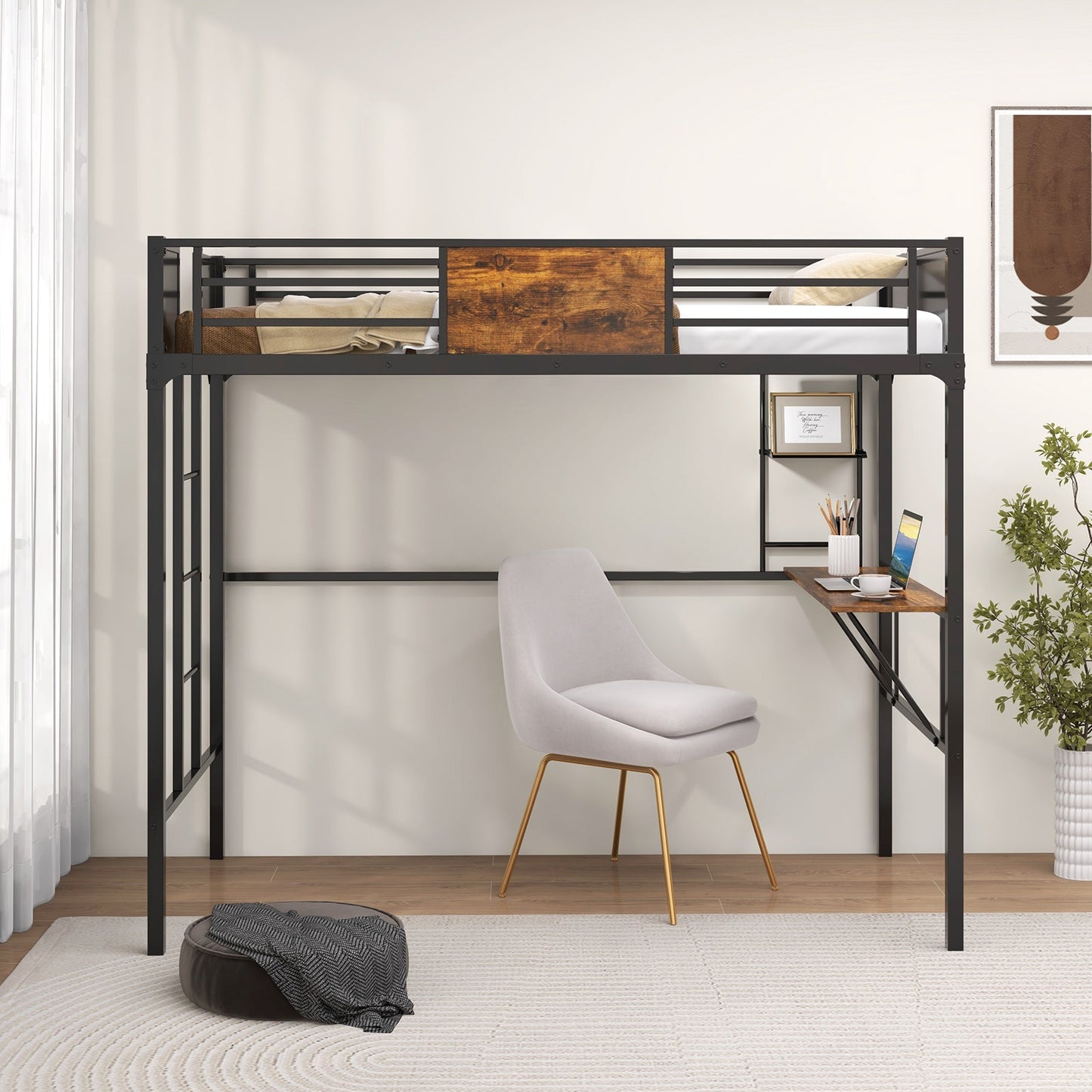 Cama alta individual industrial de metal con escritorio, estante de almacenamiento y escalera integrada - Tamaño individual