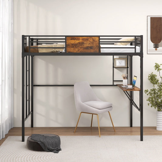 Twin Size Industrial Metal Loft Bed with Desk Storage Shelf and Build-in Ladder-Twin Size - Tampa Home & Garden Store