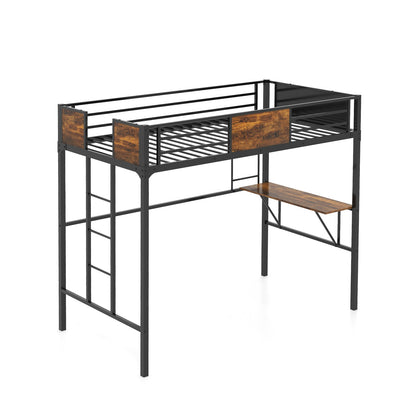 Cama alta individual industrial de metal con escritorio, estante de almacenamiento y escalera integrada - Tamaño individual
