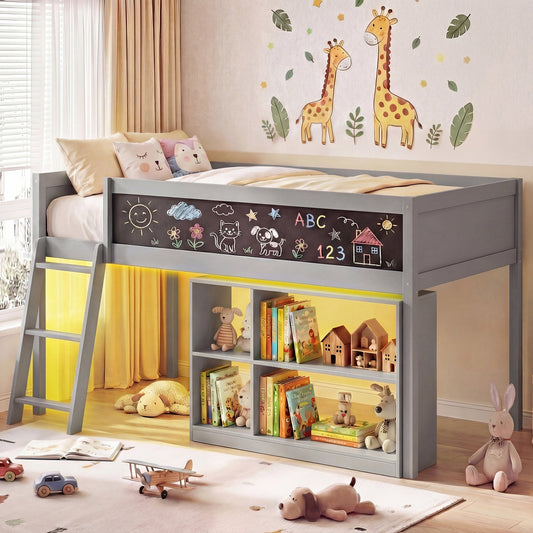 Twin Size Kids Loft Bed with LED Lights and Removable Bookcase - Tampa Home & Garden Store