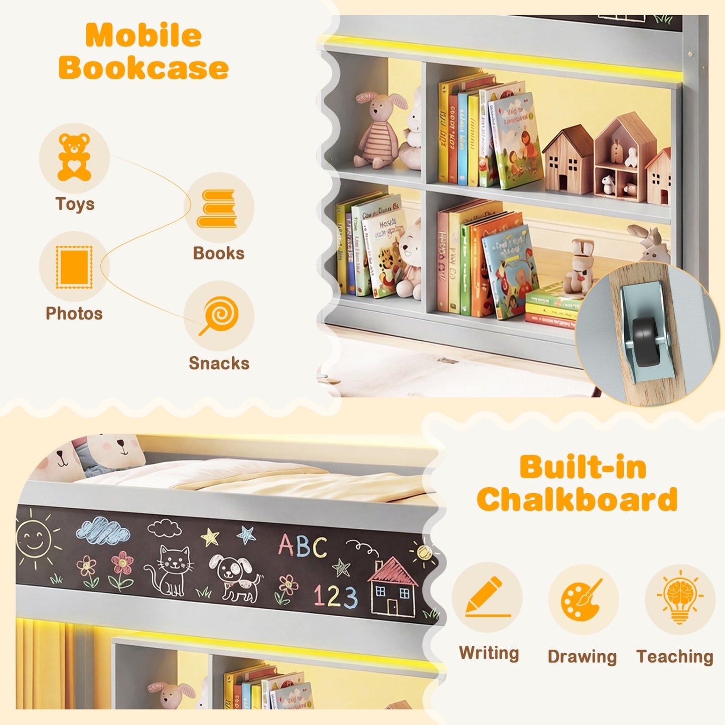 Twin Size Kids Loft Bed with LED Lights and Removable Bookcase