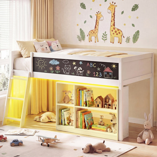 Twin Size Kids Loft Bed with LED Lights and Removable Bookcase - Tampa Home & Garden Store