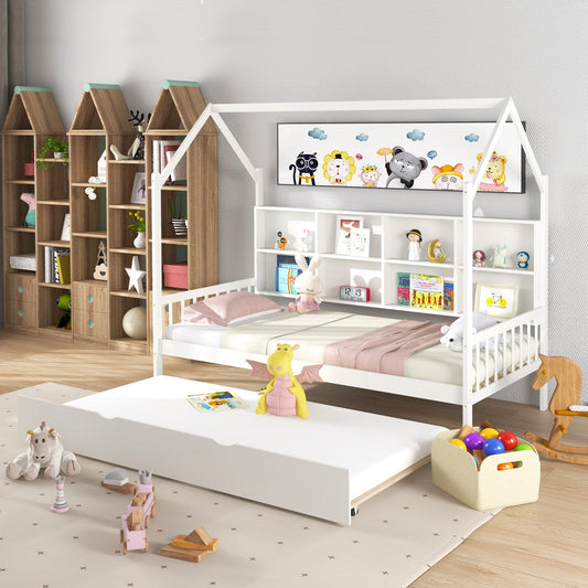 Twin Size Kids Montessori Daybed with Roof and Shelf Compartments-White - Tampa Home & Garden Store
