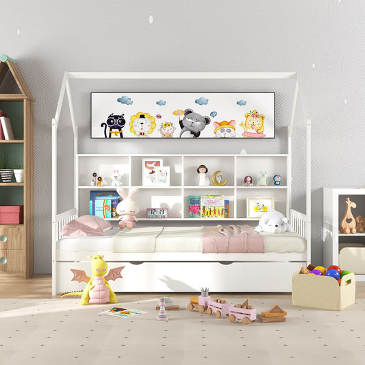 Twin Size Kids Montessori Daybed with Roof and Shelf Compartments-White - Tampa Home & Garden Store