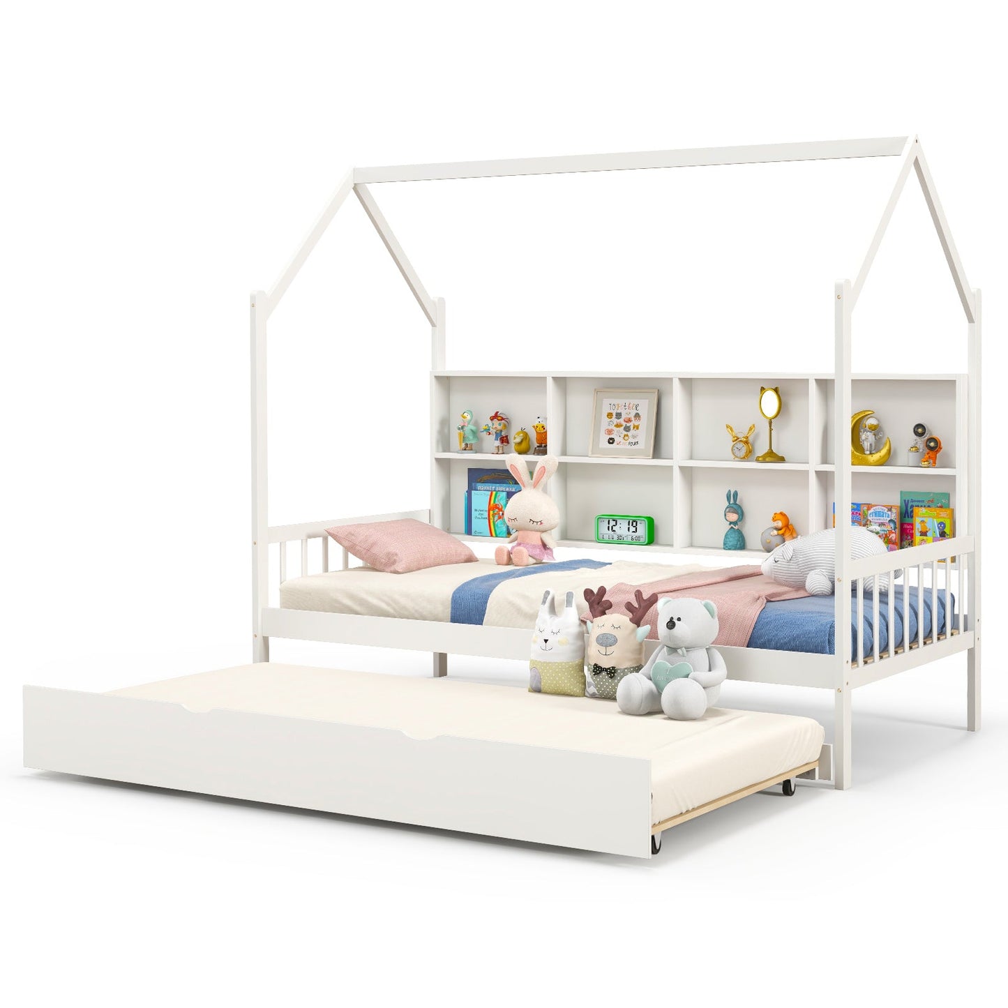 Twin Size Kids Montessori Daybed with Roof and Shelf Compartments-White