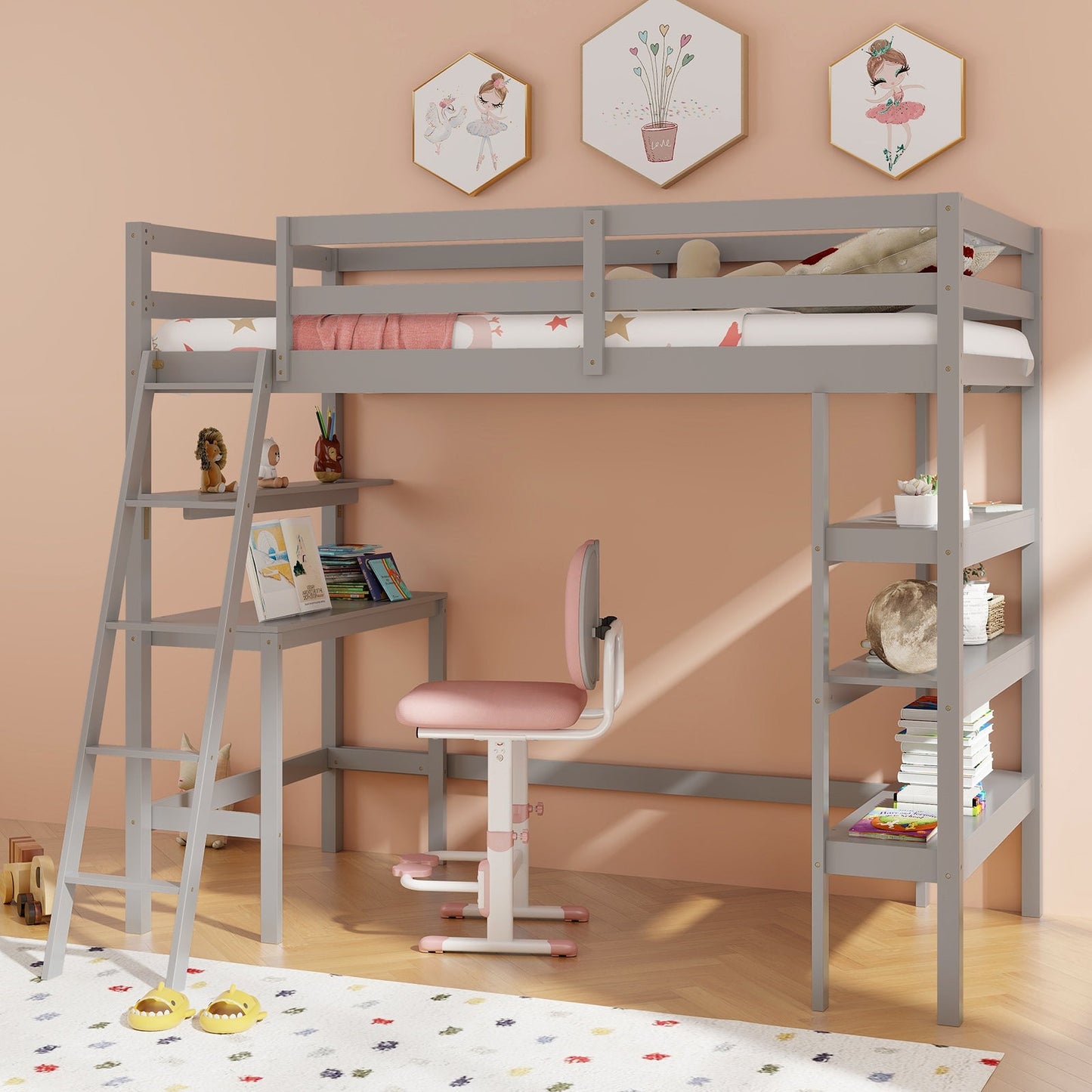 Cama alta individual con escritorio y estanterías para niños y adolescentes - Gris