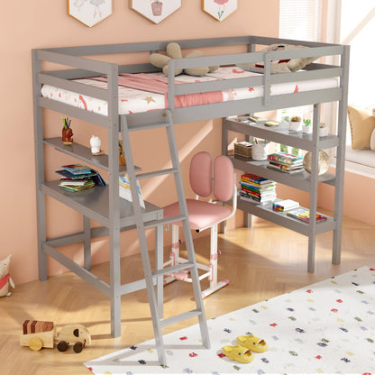 Cama alta individual con escritorio y estanterías para niños y adolescentes - Gris