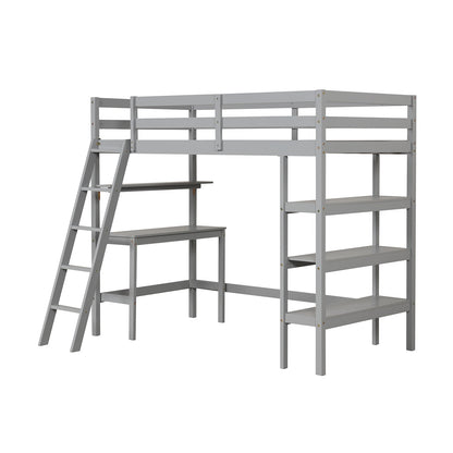 Cama alta individual con escritorio y estanterías para niños y adolescentes - Gris