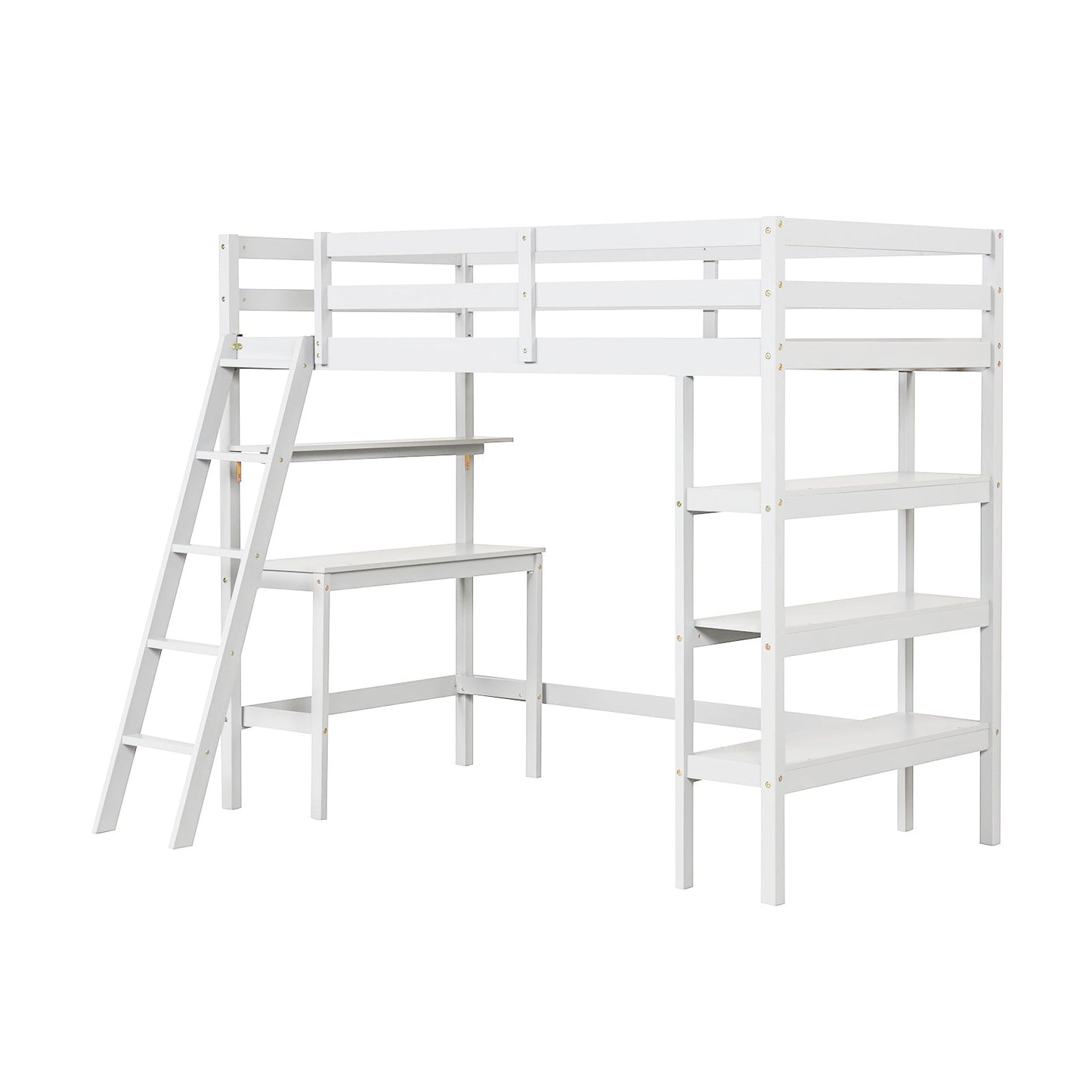 Cama alta individual con escritorio y estanterías para niños y adolescentes - Gris