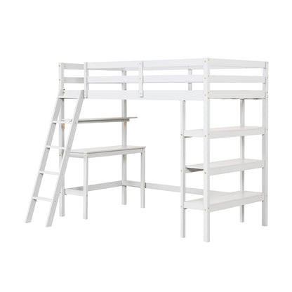 Cama alta individual con escritorio y estanterías para niños y adolescentes - Gris