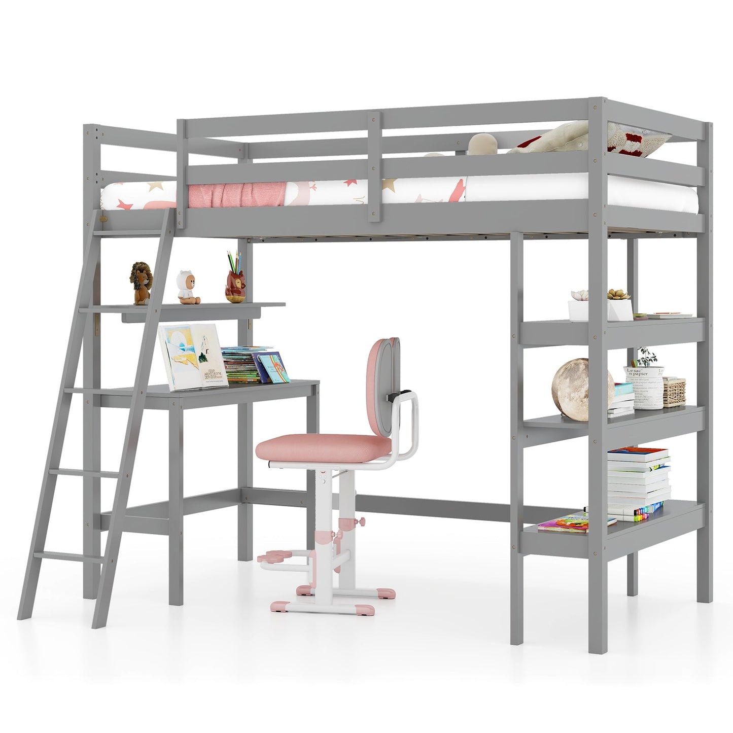 Cama alta individual con escritorio y estanterías para niños y adolescentes - Gris