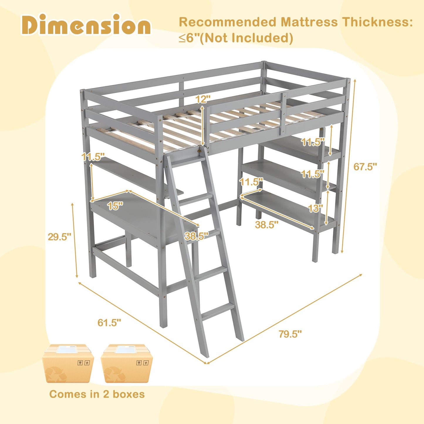 Cama alta individual con escritorio y estanterías para niños y adolescentes - Gris