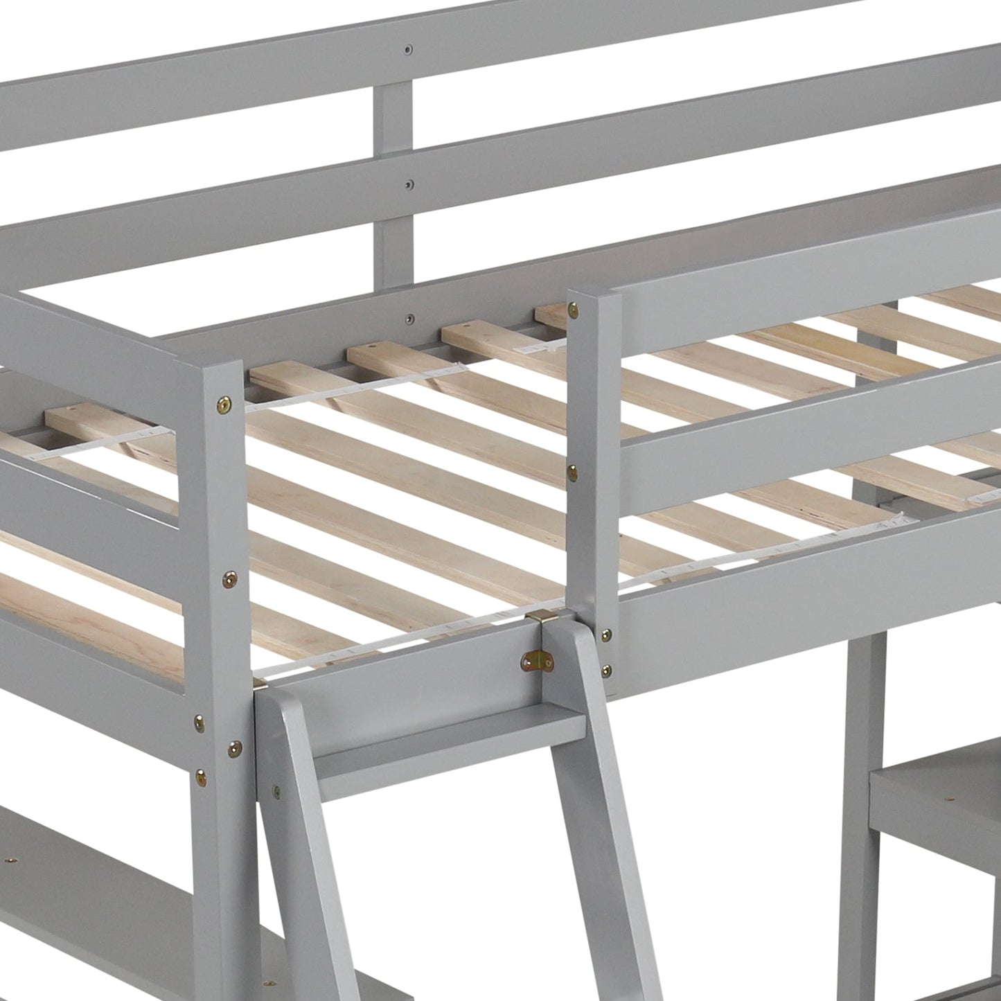 Cama alta individual con escritorio y estanterías para niños y adolescentes - Gris