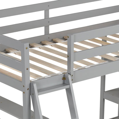 Cama alta individual con escritorio y estanterías para niños y adolescentes - Gris