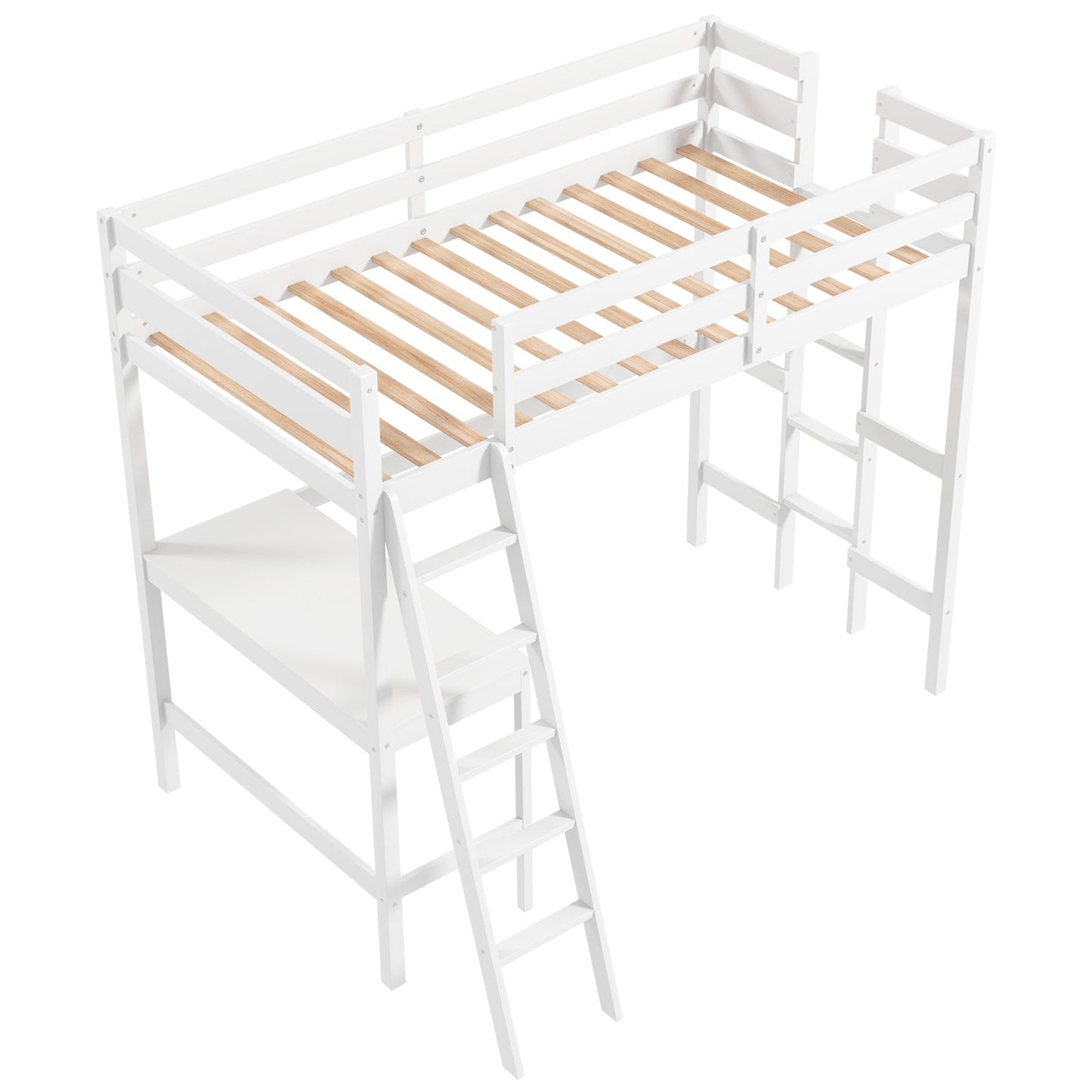 Twin Size Loft Bed Frame with Desk Angled and Built-in Ladder-Espresso