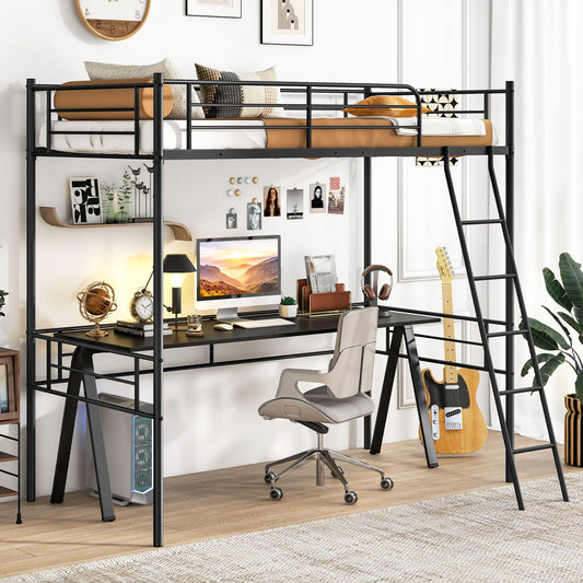 Twin Size Loft Bed Metal Bed Frame with Ladder and Guardrails-Black - Tampa Home & Garden Store