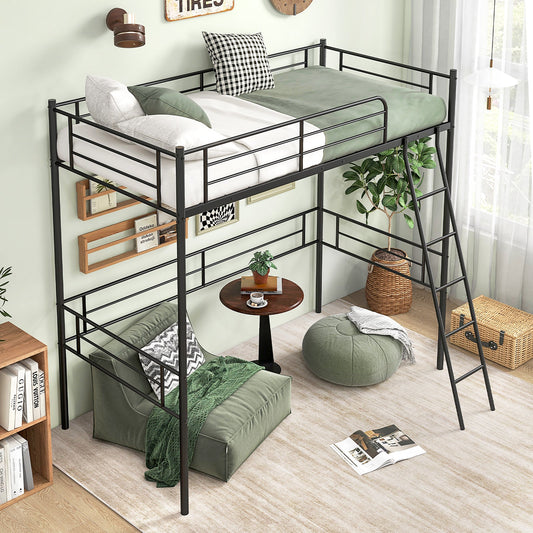 Twin Size Loft Bed Metal Bed Frame with Ladder and Guardrails-Black - Tampa Home & Garden Store