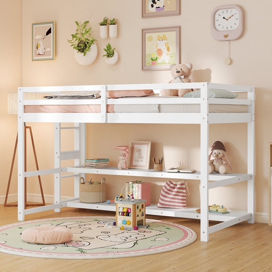 Twin Size Loft Bed with Storage Shelves Full-length Guardrails and Ladder-White - Tampa Home & Garden Store
