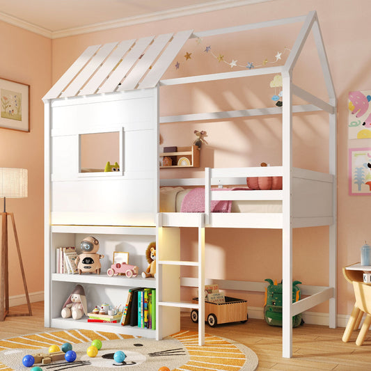 Twin Size Loft Bed with LED Lights Roof Window and Storage Bookshelf-White - Tampa Home & Garden Store