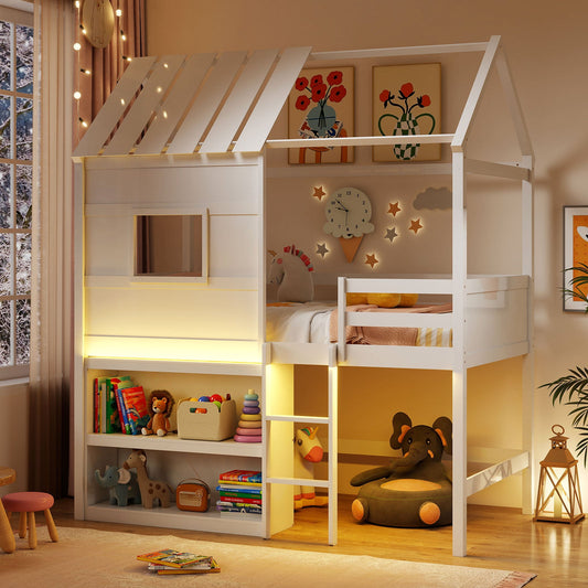 Twin Size Loft Bed with LED Lights Roof Window and Storage Bookshelf-White - Tampa Home & Garden Store