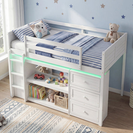 Twin Size Loft Bed with LED Lights and Underbed Space for Kids - Tampa Home & Garden Store