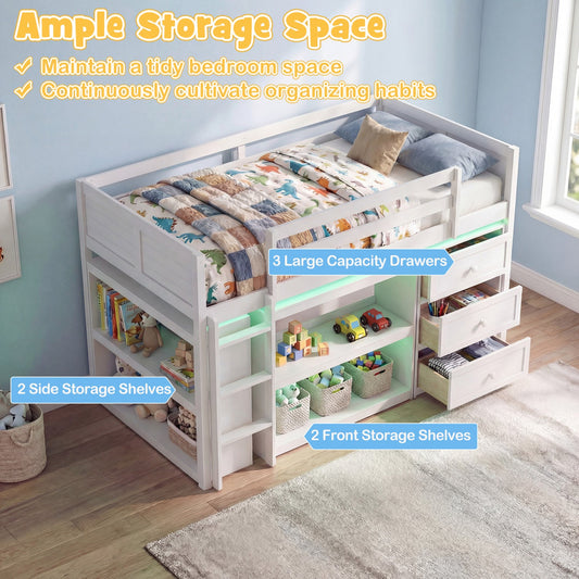 Twin Size Loft Bed with LED Lights and Underbed Space for Kids - Tampa Home & Garden Store
